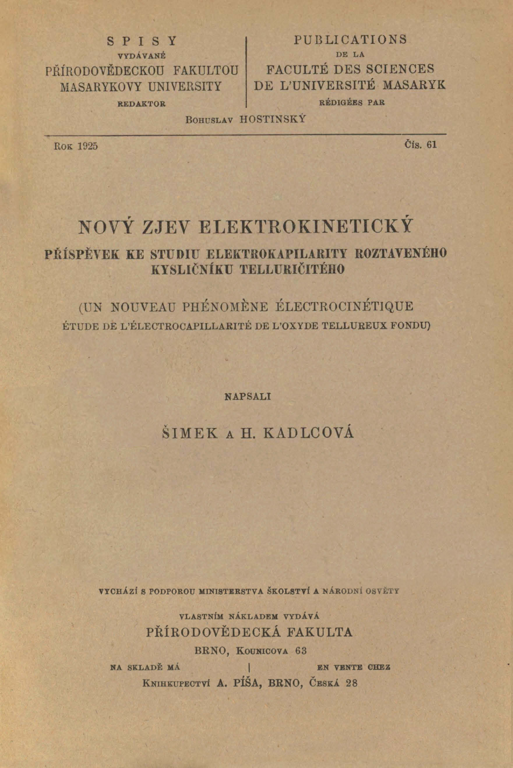 Obálka pro Nový zjev elektrokinetický : příspěvek ke studiu elektrokapilarity roztaveného kysličníku telluričitého