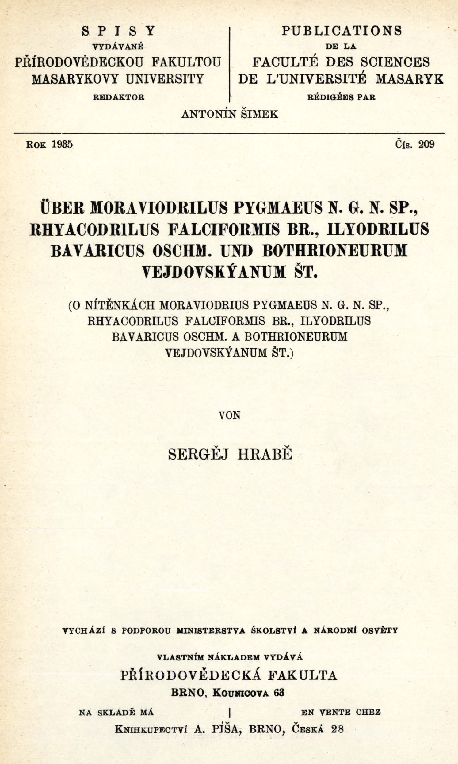 Obálka pro Über Moraviodrilus pygmaeus n. g. n. sp., Rhyacodrilus falciformis br., Ilyodrilus bavaricus oschm. und Bothrioneurum vejdovskýanum št.