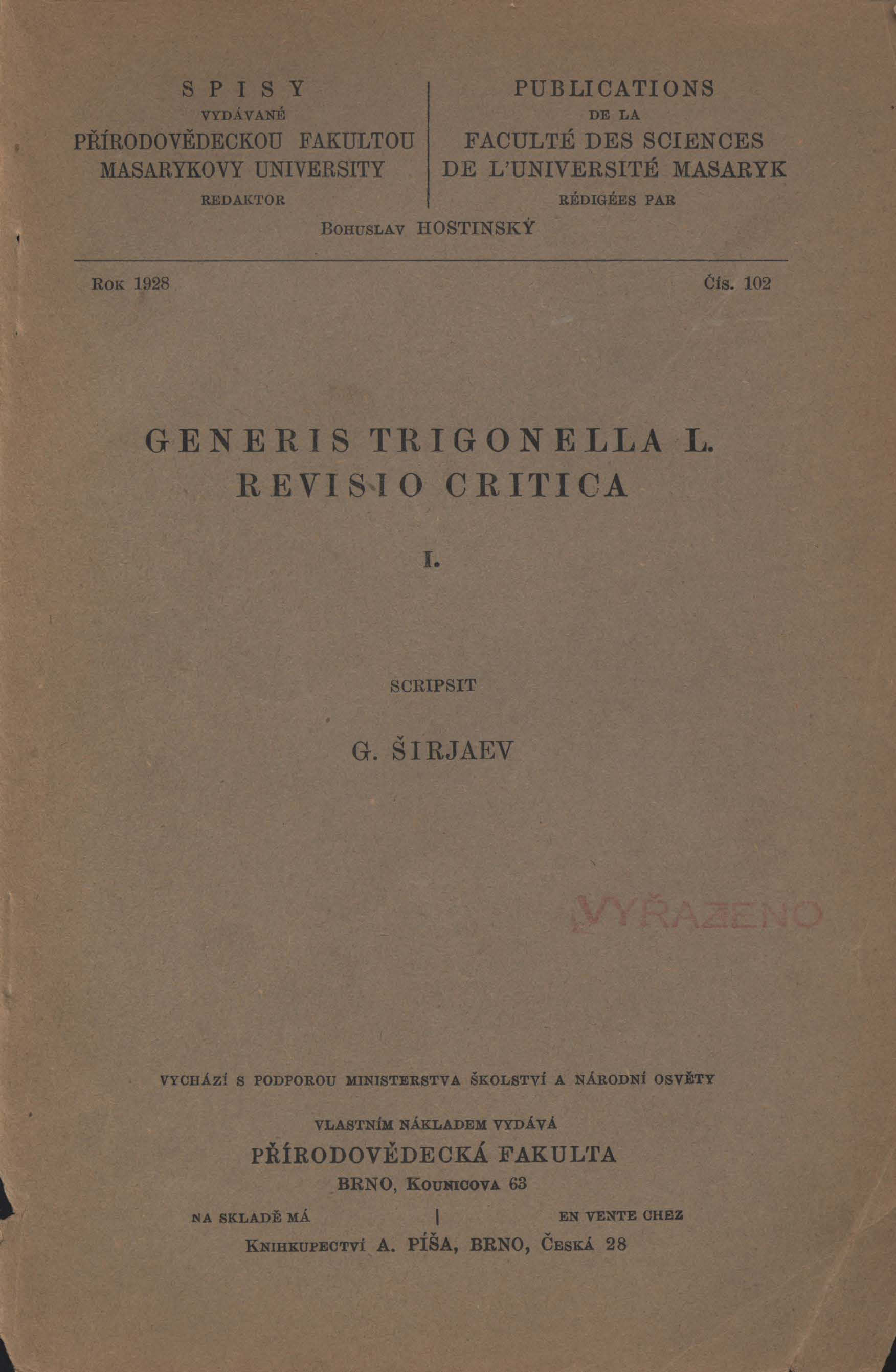 Obálka pro Generis Trigonella 1. revisio critica. I.