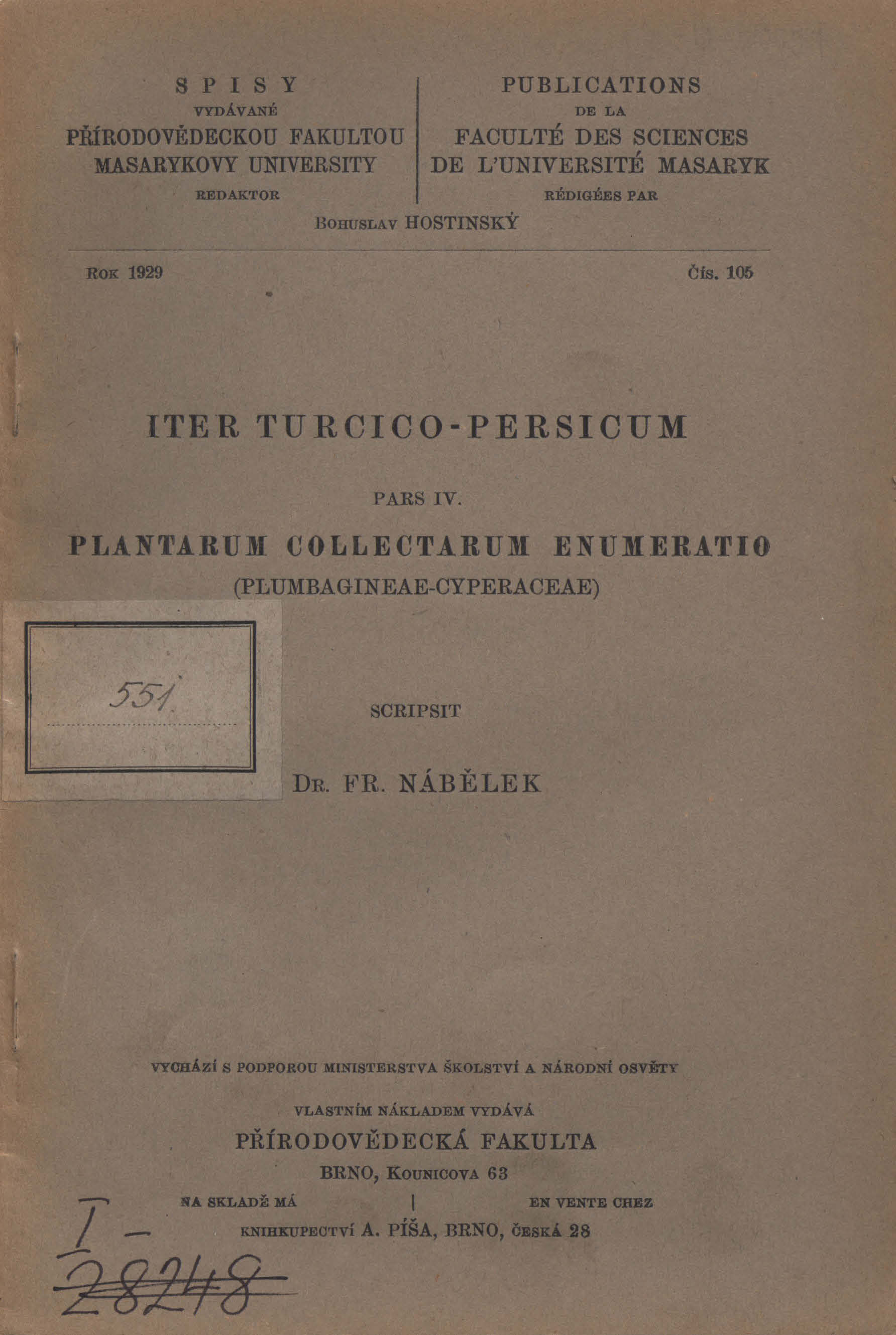Obálka pro Iter Turcico-Persicum. Pars IV, Plantarum collectarum enumeratio (Plumbagineae-Cyperaceae)