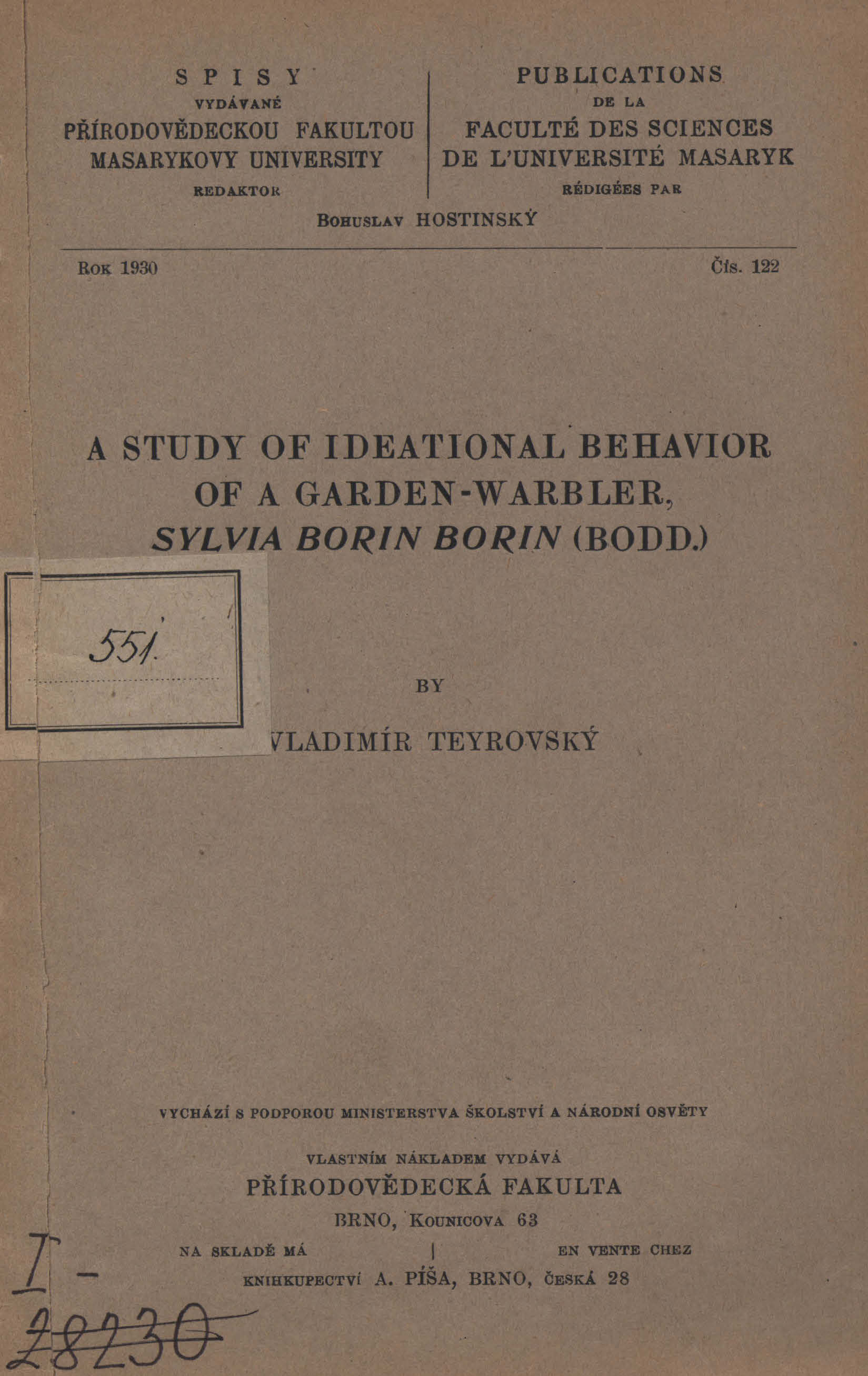 Obálka pro A study of ideational behavior of a garden-warbler, Sylvia Borin Borin : (Bodd)