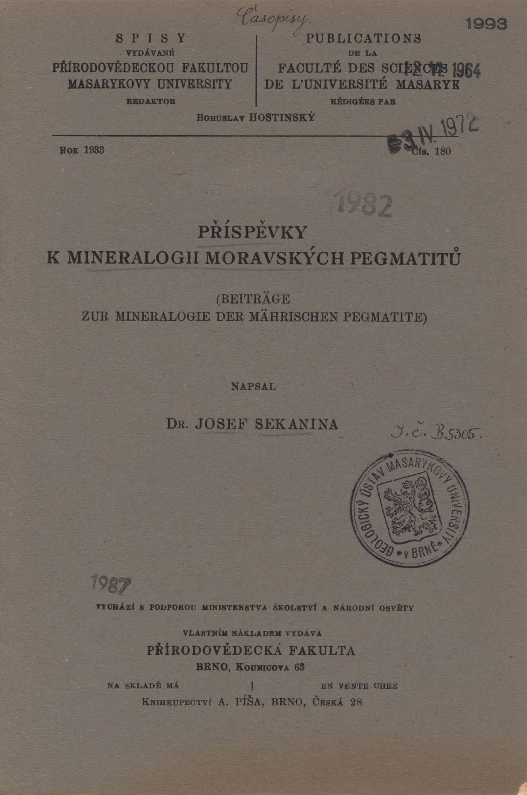 Obálka pro Příspěvky k mineralogii moravských pegmatitů