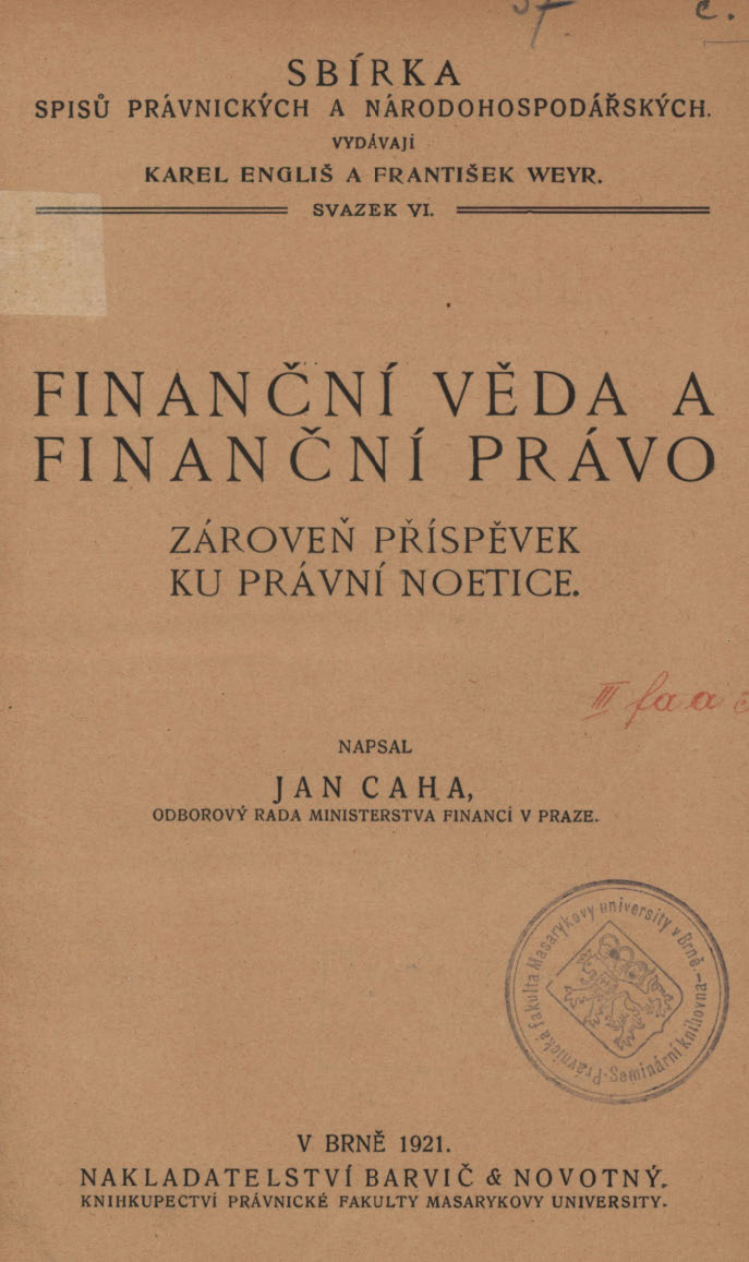 Obálka pro Finanční věda a finanční právo : zároveň příspěvek ku právní noetice