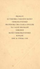 Proslov guvernéra Národní banky československé profesora dra Karla Engliše na valné hromadě Národní banky československé konané dne 29. února 1936. (Cover image)